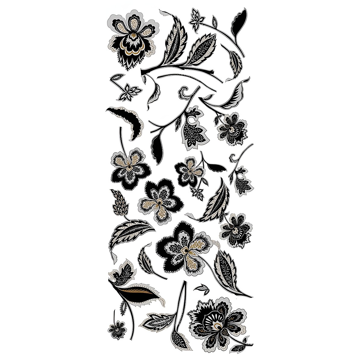RoomMates wall decal Jazzy Jacobean Peel & Stick, decal sheet with black and gold flower and leaf motifs on a white background
