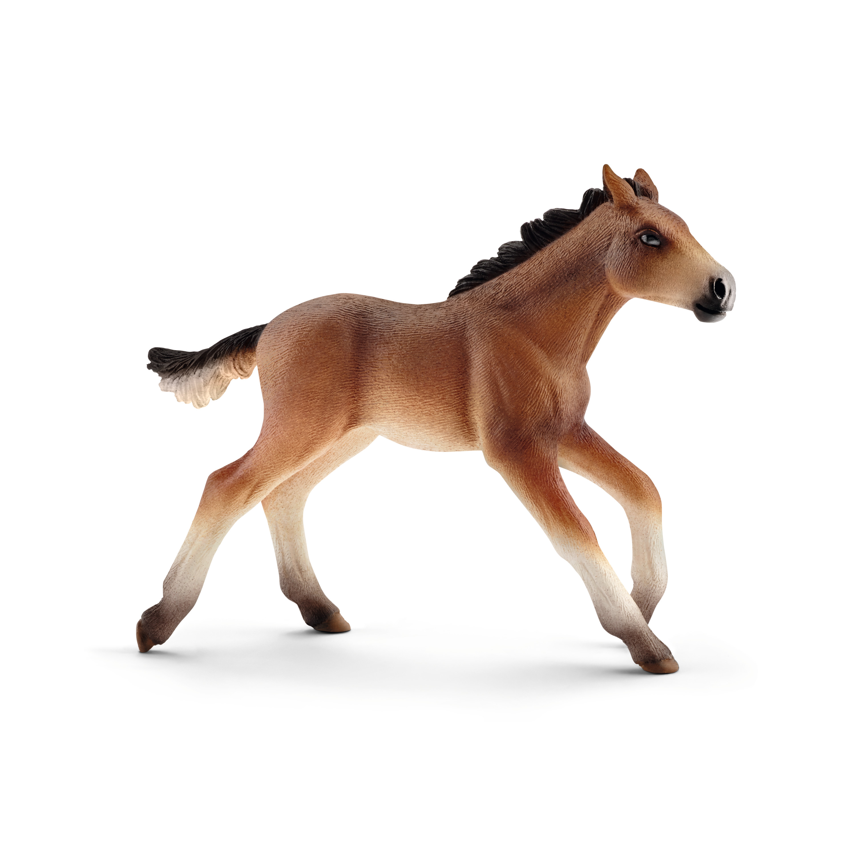 Schleich Farm World Mustang foal, toy figure with light brown coat and a black mane, walking