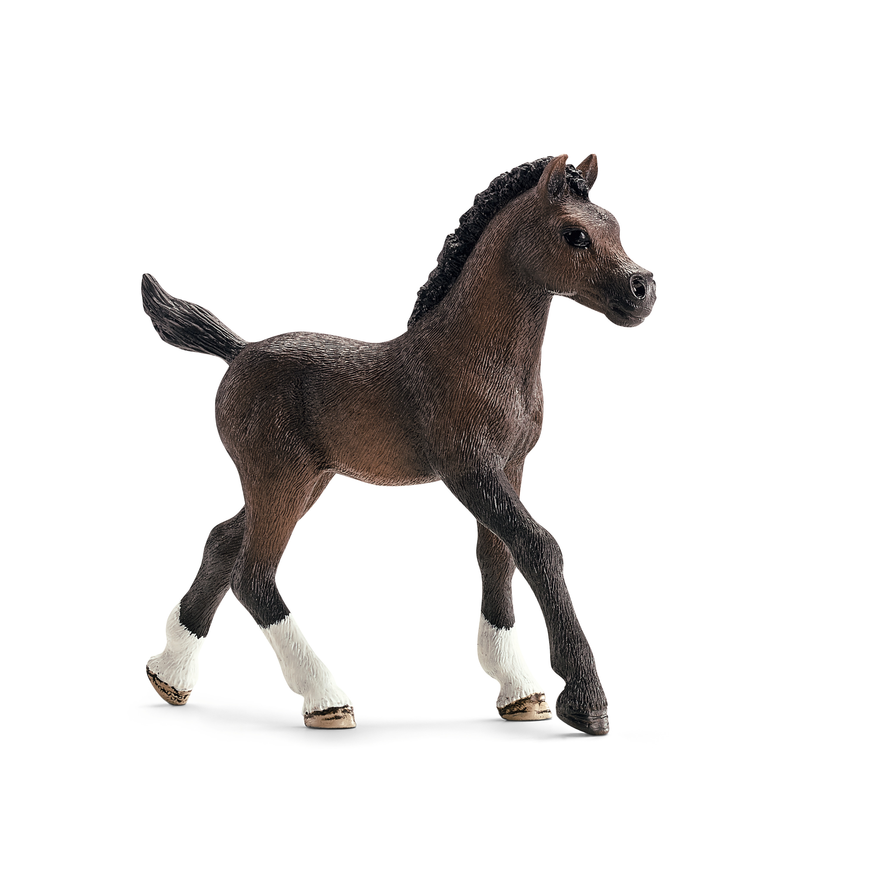 Schleich Horse Club Arabian foal, toy figure with dark brown coat, black mane and white fetlocks, walking