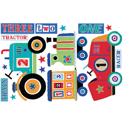 RoomMates wall decal Transportation Giant Peel & Stick, decal sheet with car, tractor and train motifs plus number lettering on a white background