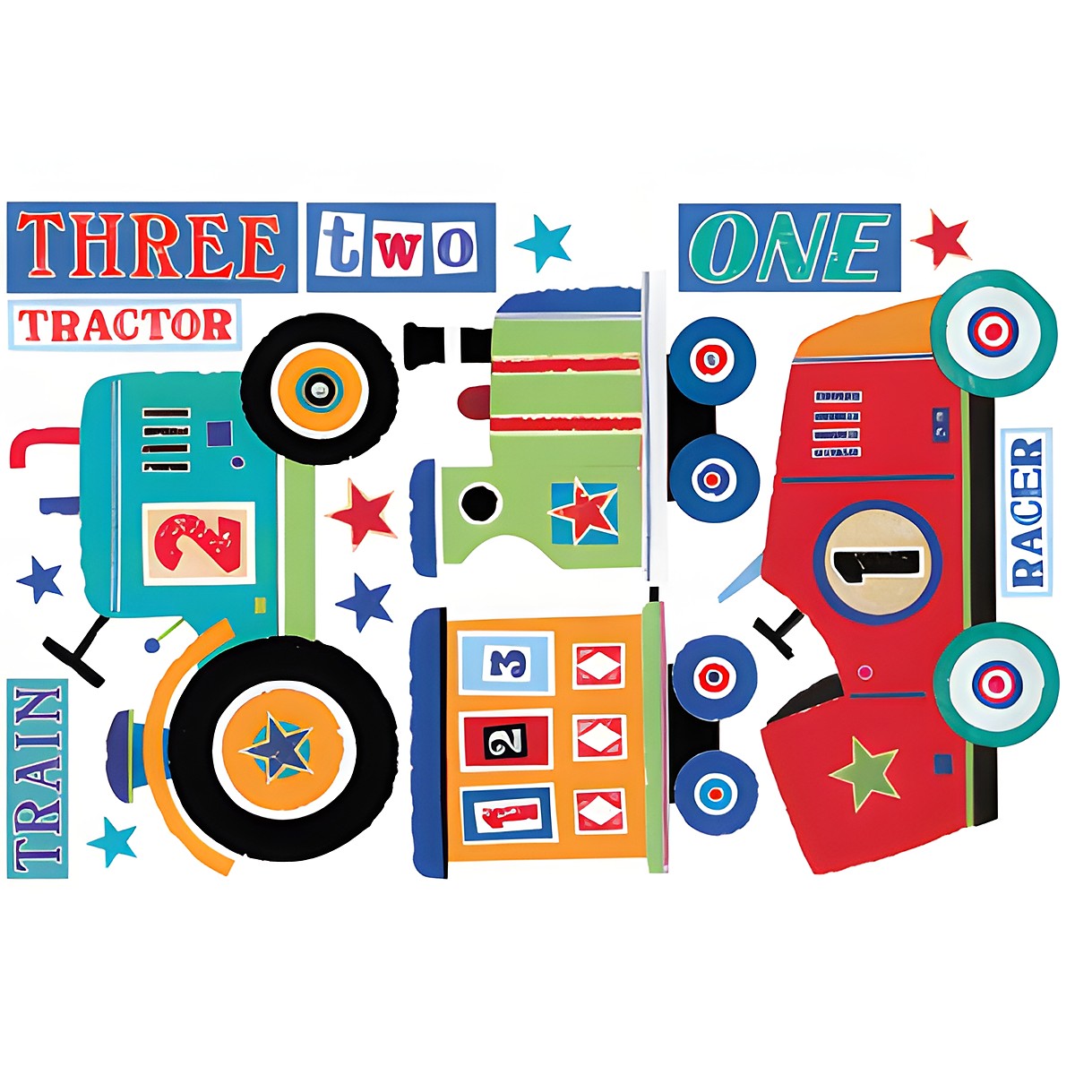 RoomMates wall decal Transportation Giant Peel & Stick, decal sheet with car, tractor and train motifs plus number lettering on a white background