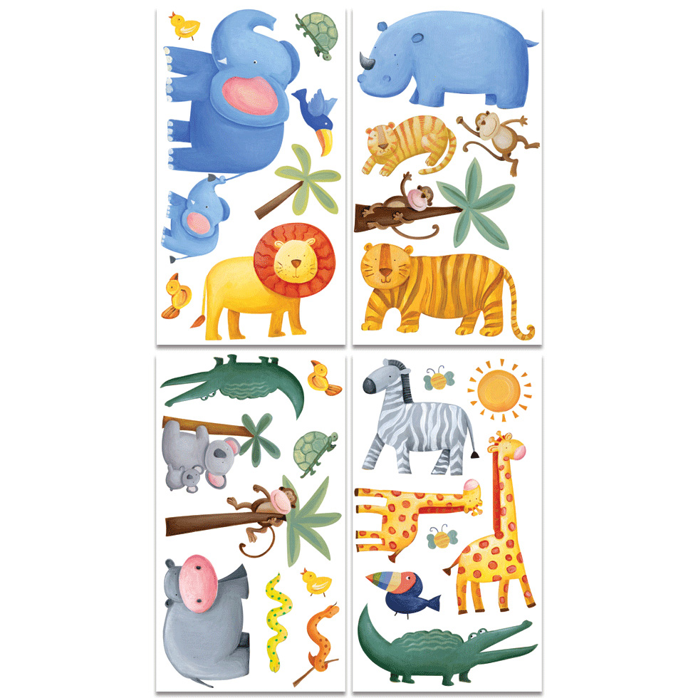 RoomMates wall decal Jungle Adventure, four decal sheets with jungle animal motifs such as elephant, rhino, tiger and zebra on a white background