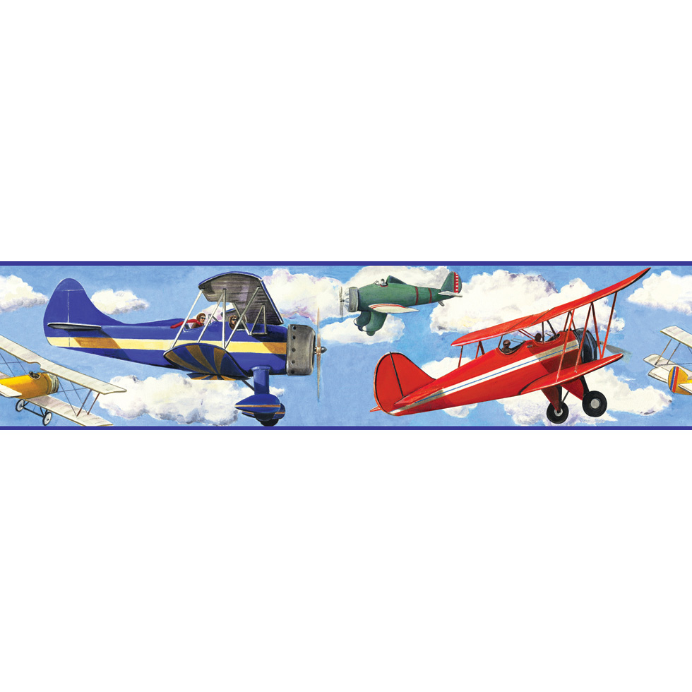 RoomMates border Vintage Planes, close-up of the border strip with a blue, white and red biplane against a cloudy sky
