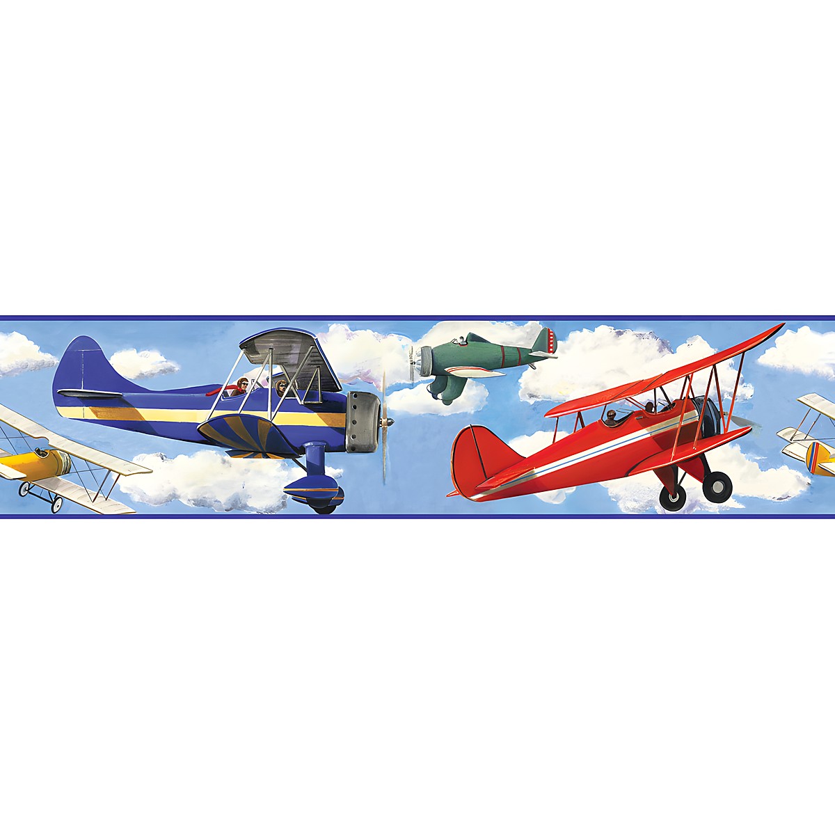 RoomMates Bordüre Vintage Planes, Nahaufnahme des Bordürenstreifens mit blauem, weißem und rotem Doppeldecker vor Wolkenhimmel