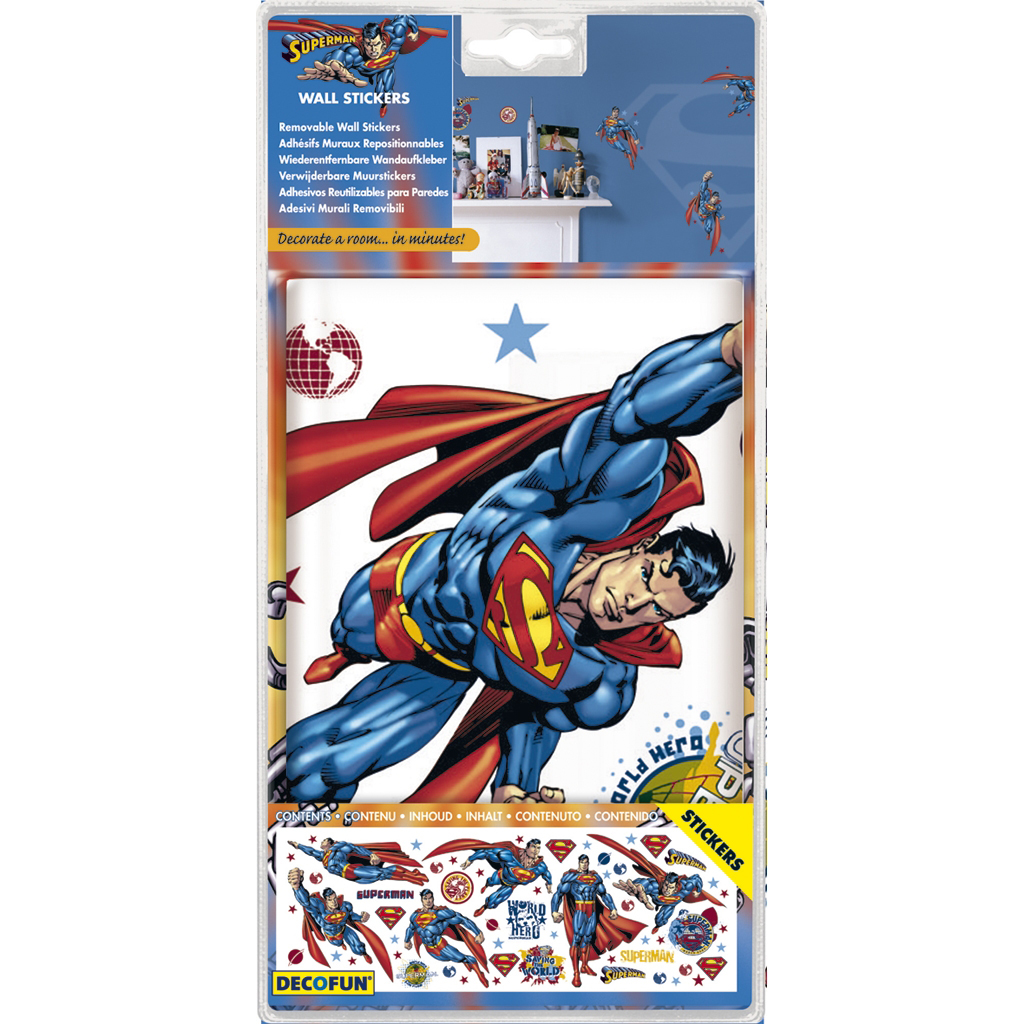 decofun wall decal Superman in packaging, flying Superman against a blue star background