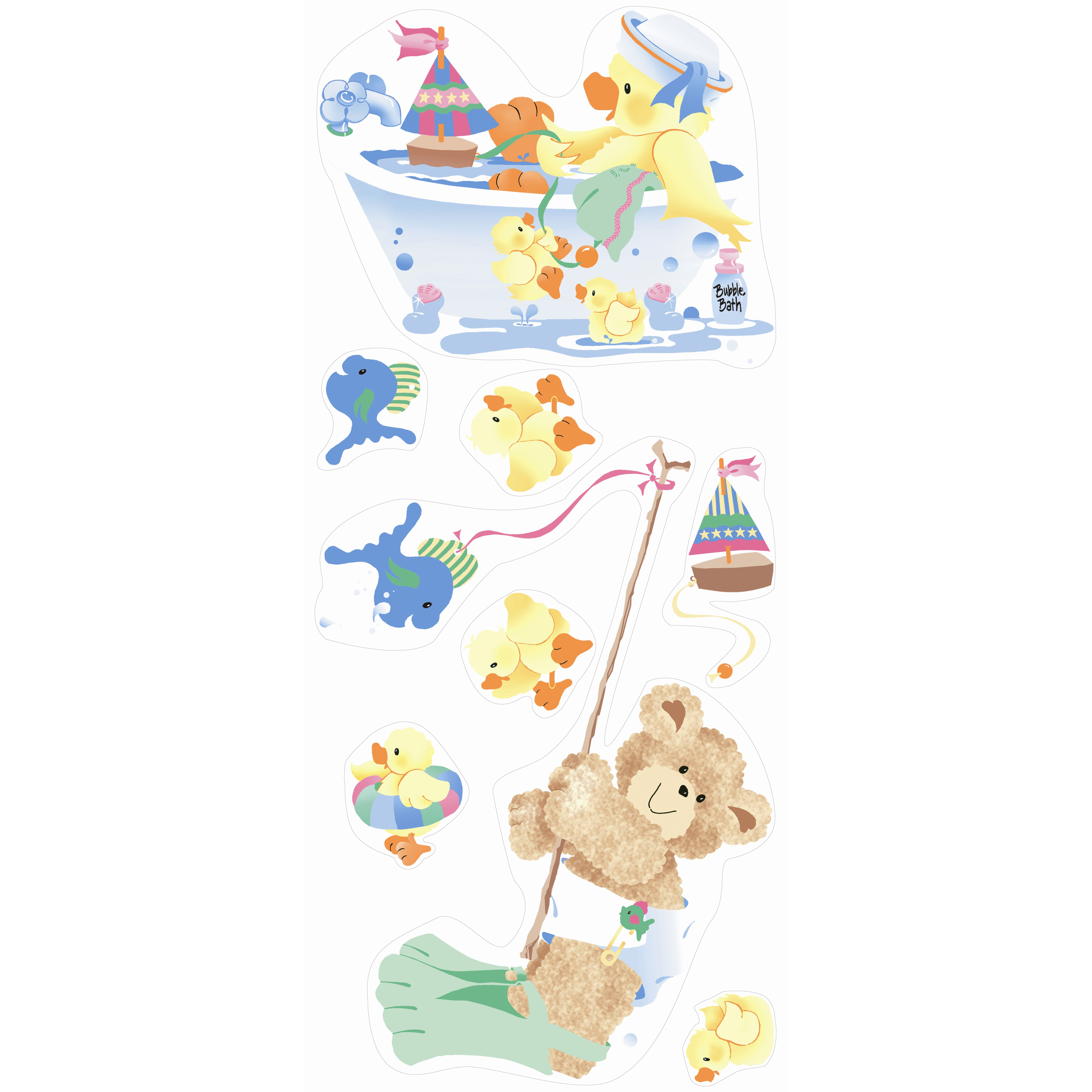 RoomMates wall decal Splish Splash, decal sheet with duck, fish and teddy-bear-on-a-swing motifs on a white background