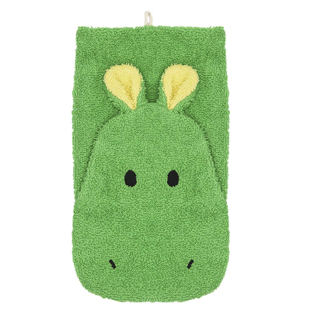 Fürnis organic washcloth hippo Norbert, green shape with yellow round ears and black bead eyes