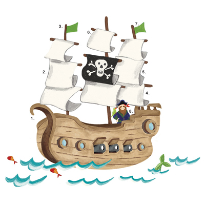 RoomMates Wandbild Pirate Ship, zusammengesetztes Piratenschiff-Motiv mit nummerierten Teilen, freigestellt auf weißem Untergrund