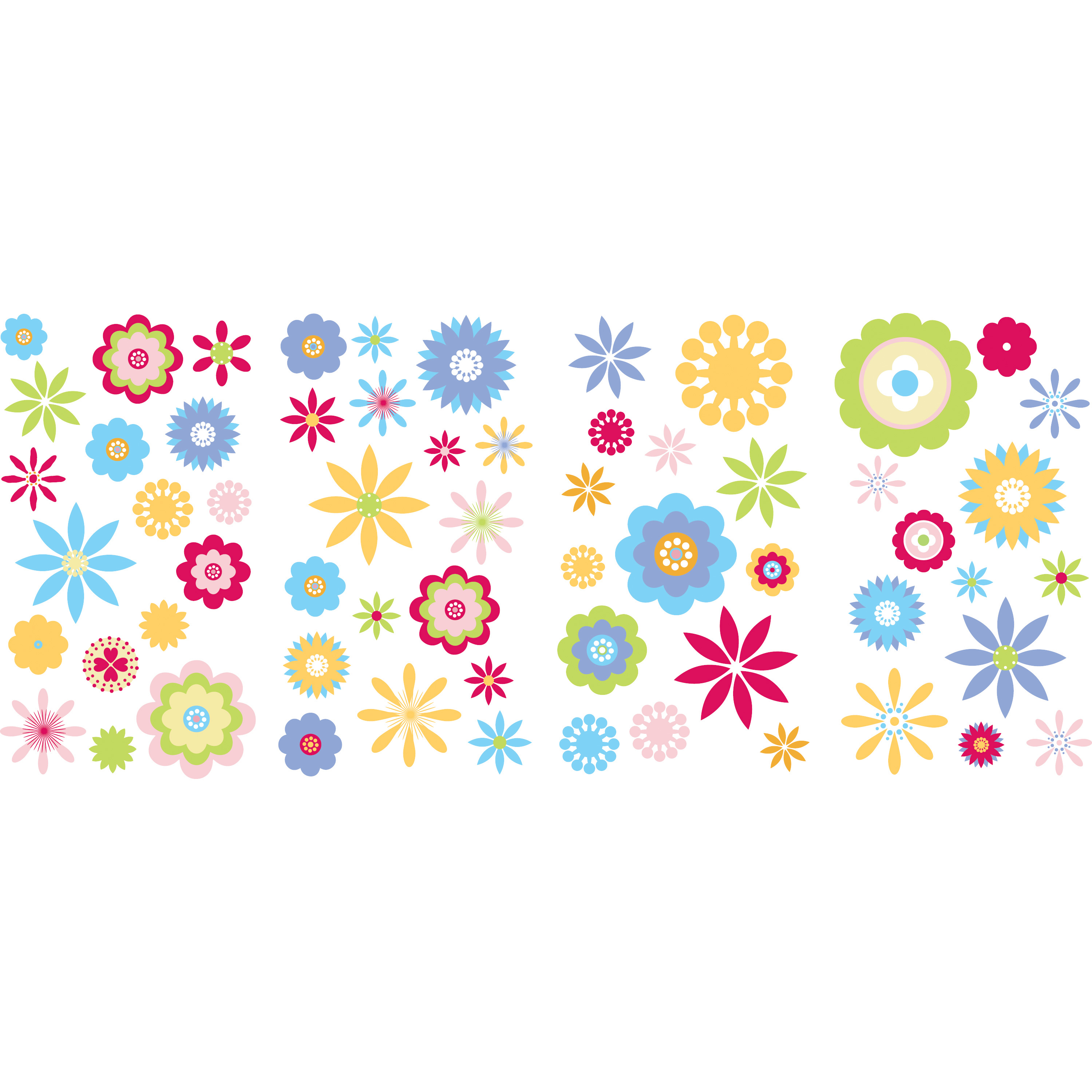 RoomMates Wandsticker Graphic Flowers Peel & Stick, vier Klebebögen mit bunten grafischen Blütenmotiven auf weißem Untergrund