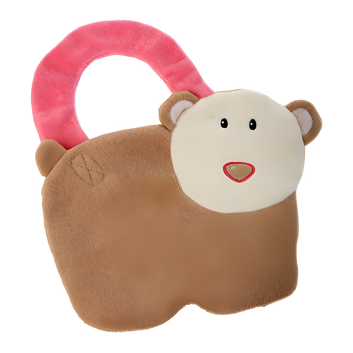 Egmont Toys bib teddy bear, brown plush bib in bear shape with cream face and pink neck strap