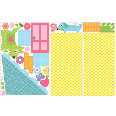RoomMates wall decal Play House, two decal sheets with dollhouse windows, door, dog motif and polka-dot wall sections on a white background