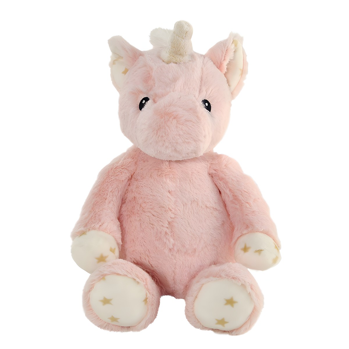 Cloud b Einschlafhilfe Ella Einhorn, rosa Kuscheltier sitzend mit goldenem Horn und Sternen-Pfoten, Frontansicht