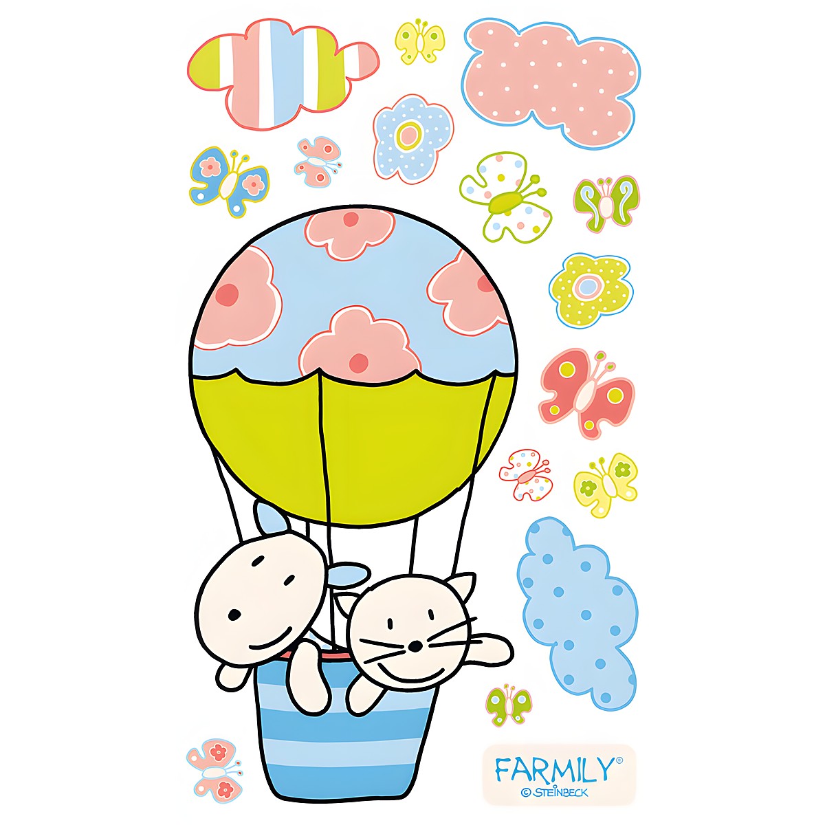 Dinico Sticker-Sortiment Farmily, Kind und Katze in buntem Heißluftballon, umgeben von Wolken, Blumen und Schmetterlingen