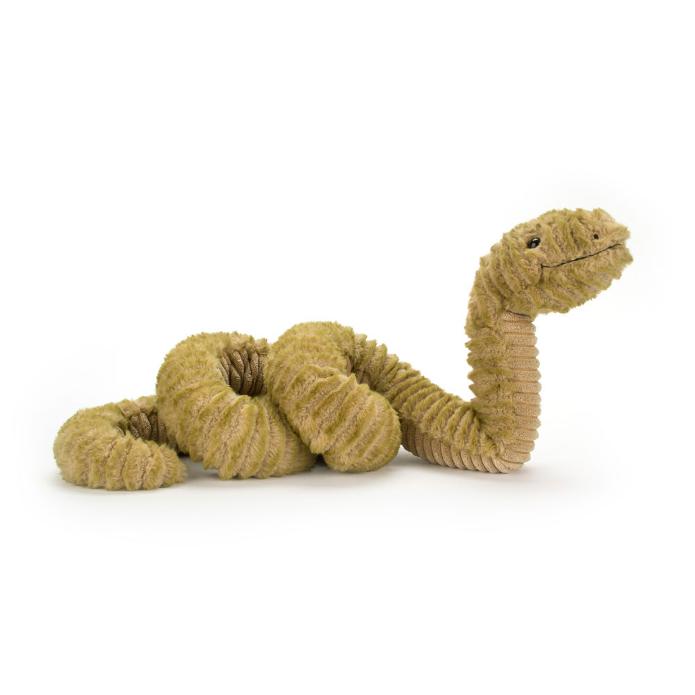 Jellycat plush toy Slither Snake, olive green ribbed plush toy, coiled, side view