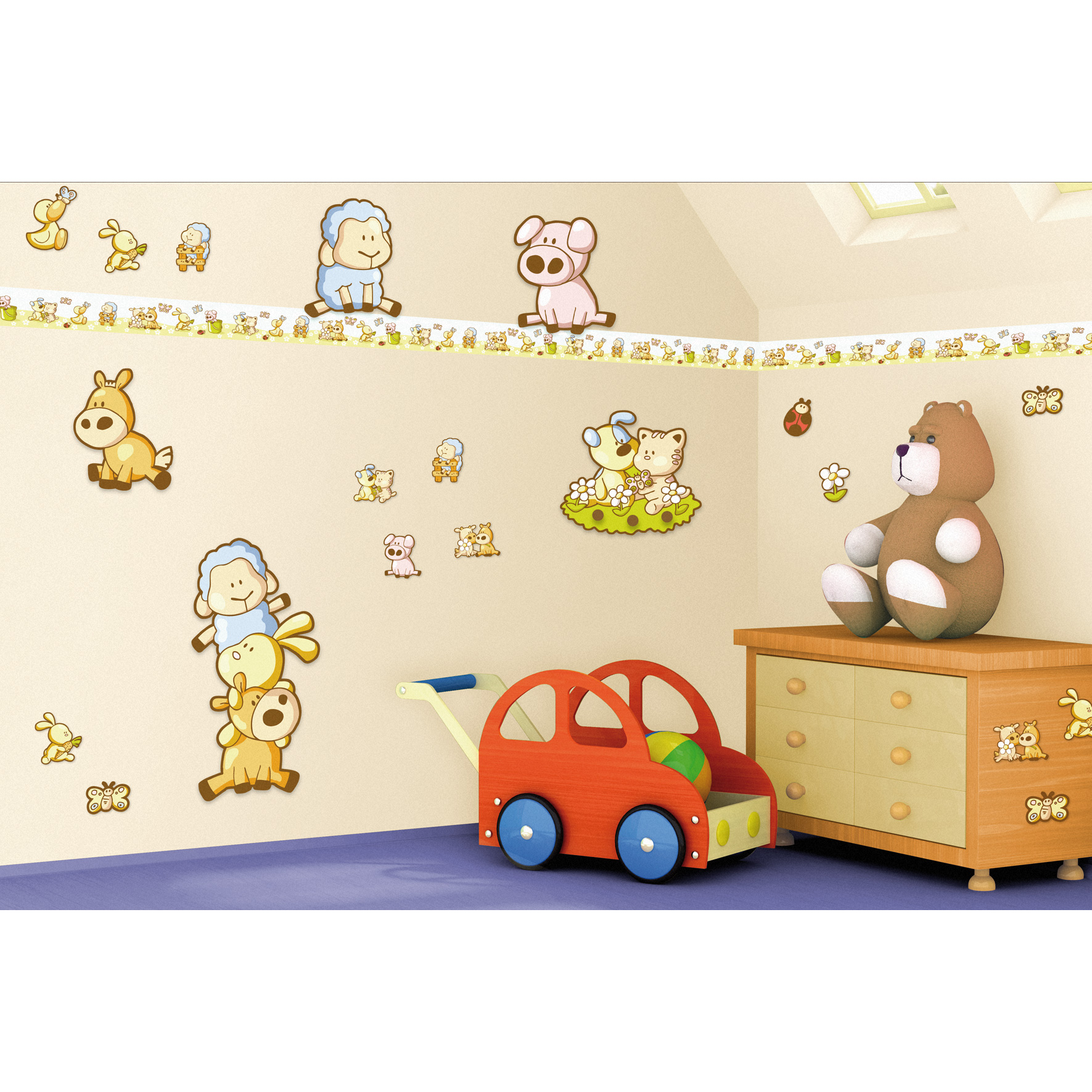 Dinico Streichelzoo sticker set in a nursery, colourful farm animal border on a cream wall with a red toy car and a wooden dresser