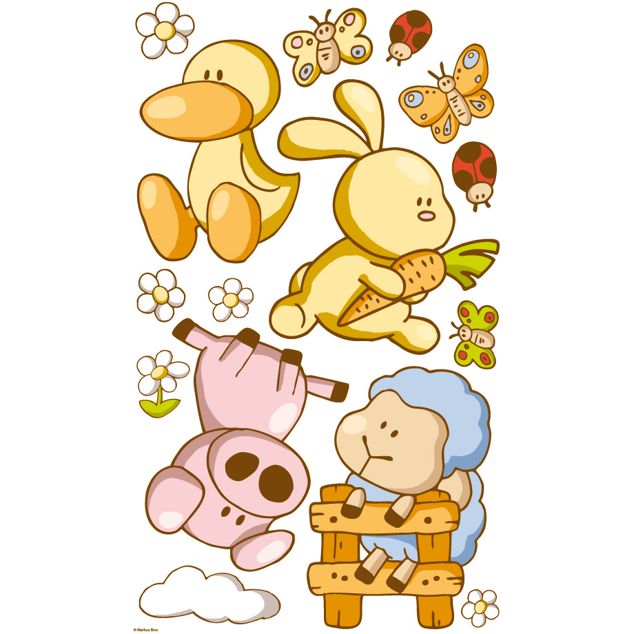 Dinico sticker set Streichelzoo, duckling, rabbit with a carrot, piglet and sheep on a wooden fence with flowers and ladybirds