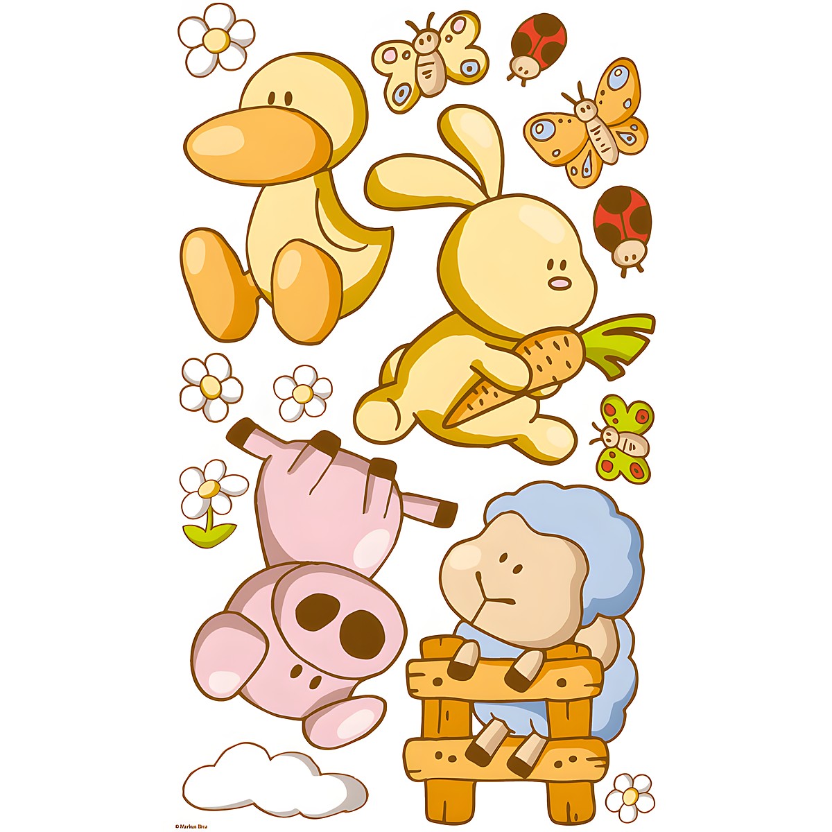 Dinico sticker set Streichelzoo, duckling, rabbit with a carrot, piglet and sheep on a wooden fence with flowers and ladybirds