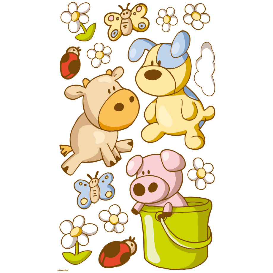 Dinico sticker set Streichelzoo, calf, puppy with blue ears and piglet in a green bucket, surrounded by flowers and a ladybird