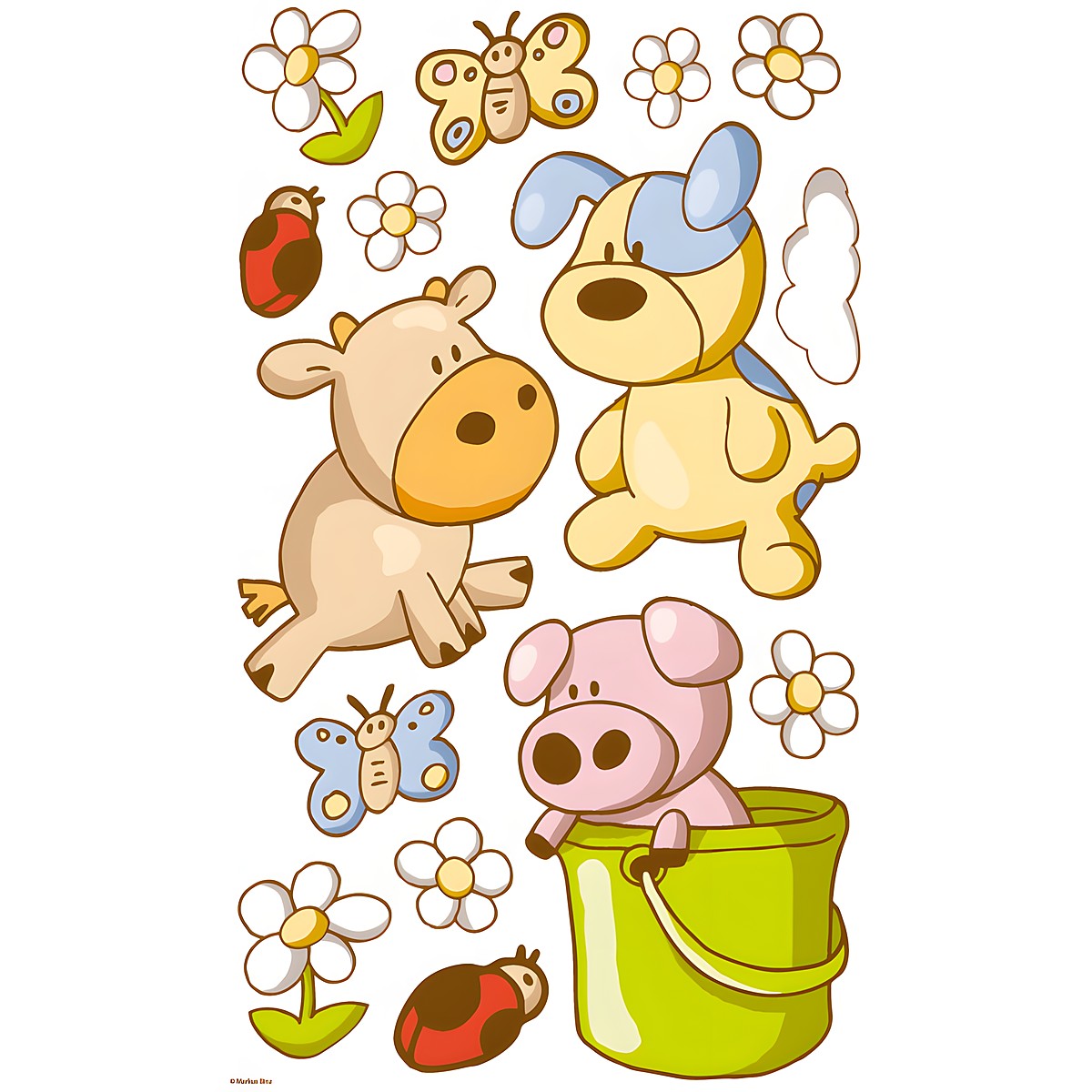 Dinico sticker set Streichelzoo, calf, puppy with blue ears and piglet in a green bucket, surrounded by flowers and a ladybird