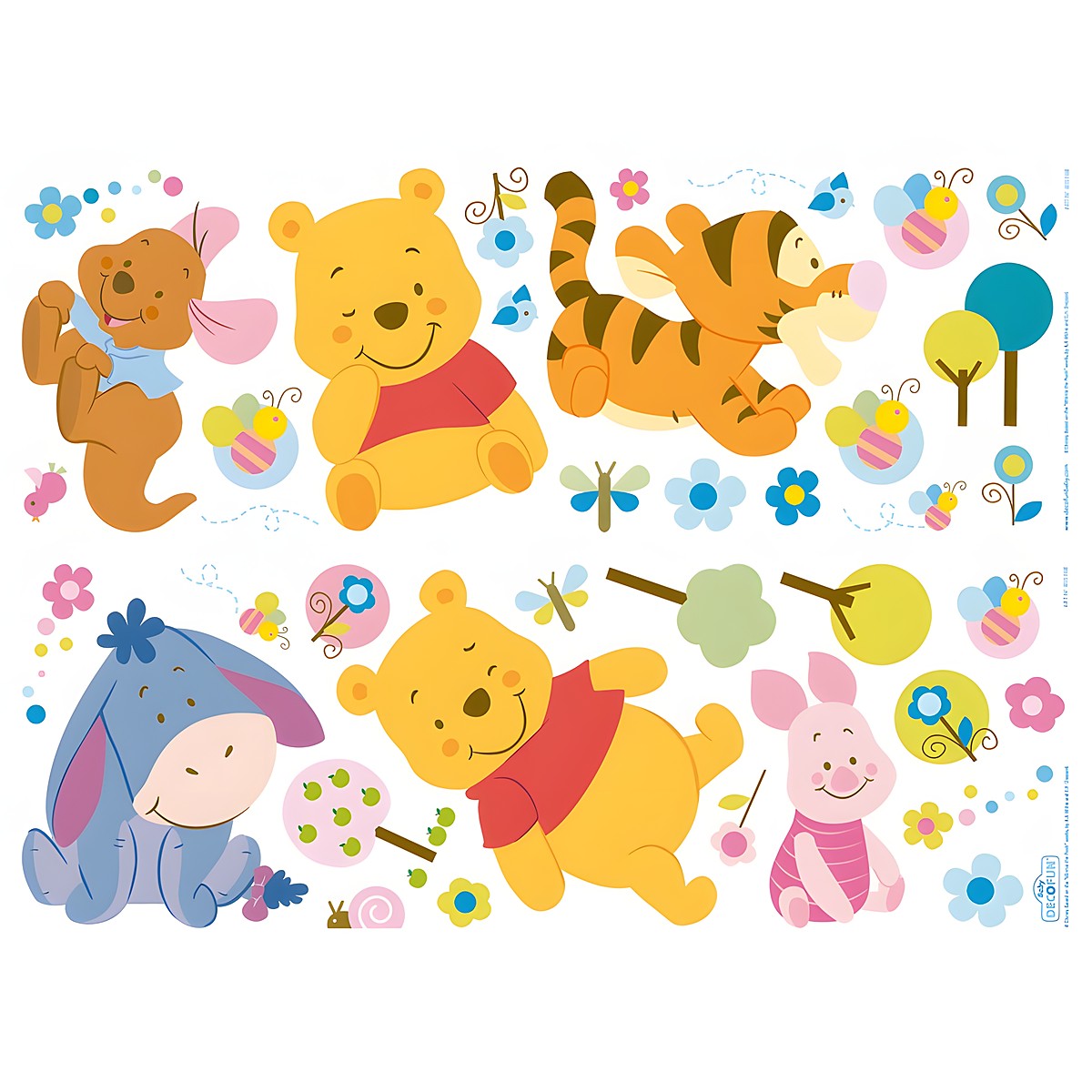 decofun Panorama-Wandsticker Winnie Puuh Baby, Eichhörnchen, Winnie Puuh, Tigger, I-Aah und Ferkel mit Schmetterlingen und Blumen