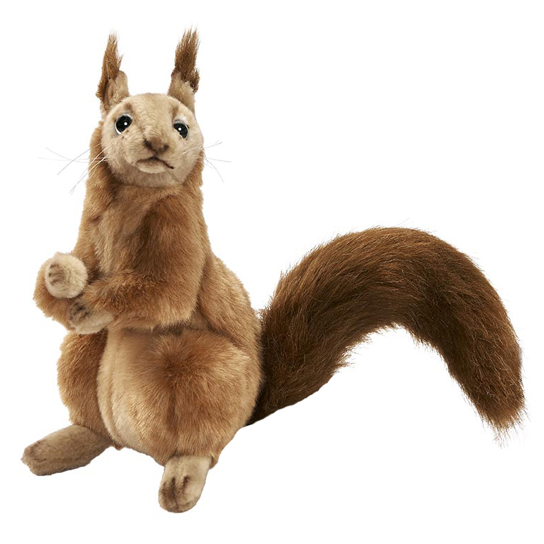 Aufrecht sitzendes Eichhörnchen von Hansa Creation als Plüschfigur mit Ohrpinseln und geschwungenem buschigem Schwanz