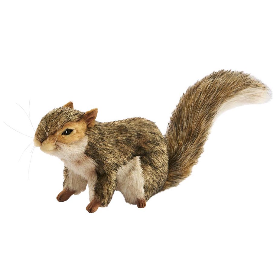 Grauhörnchen von Hansa Creation als Plüschfigur auf allen Vieren mit graubraunem Fell und buschigem Schwanz