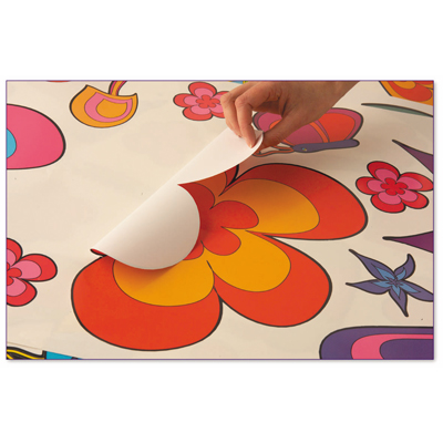 funtosee wall sticker flower world, hand peeling an orange flower off the sticker sheet's backing film