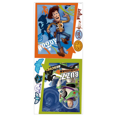 RoomMates wall decal Toy Story Buzz Lightyear & Woody, decal sheet with both Disney Pixar poster motifs and icon decals on a white background