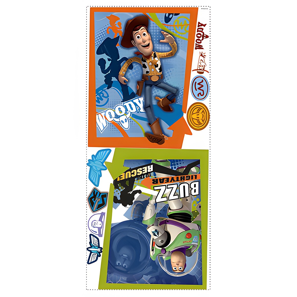 RoomMates wall decal Toy Story Buzz Lightyear & Woody, decal sheet with both Disney Pixar poster motifs and icon decals on a white background