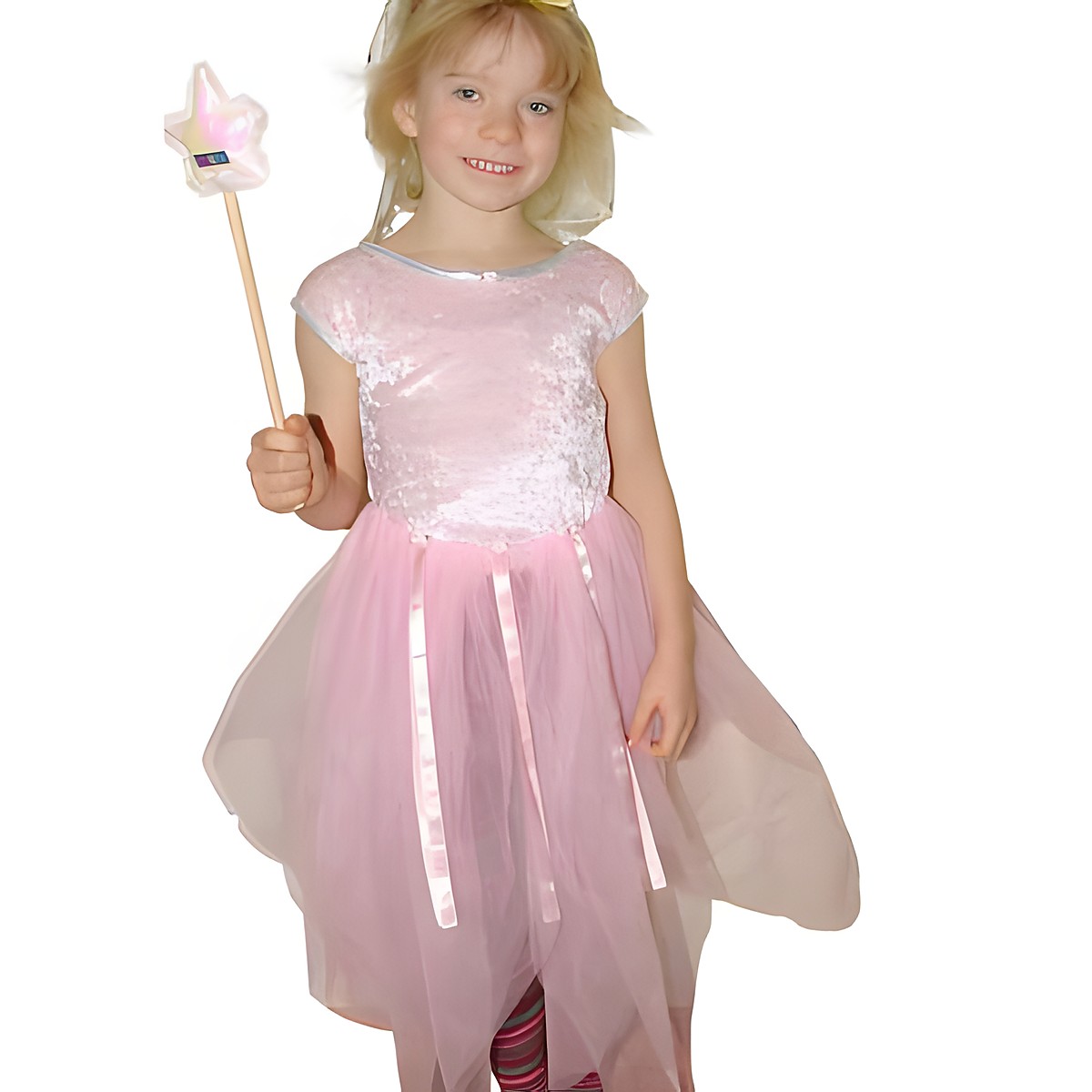 princess dress in pink with a magic wand, girl in a velvet bodice with a pink tulle skirt and silver ribbon, size M 110-116