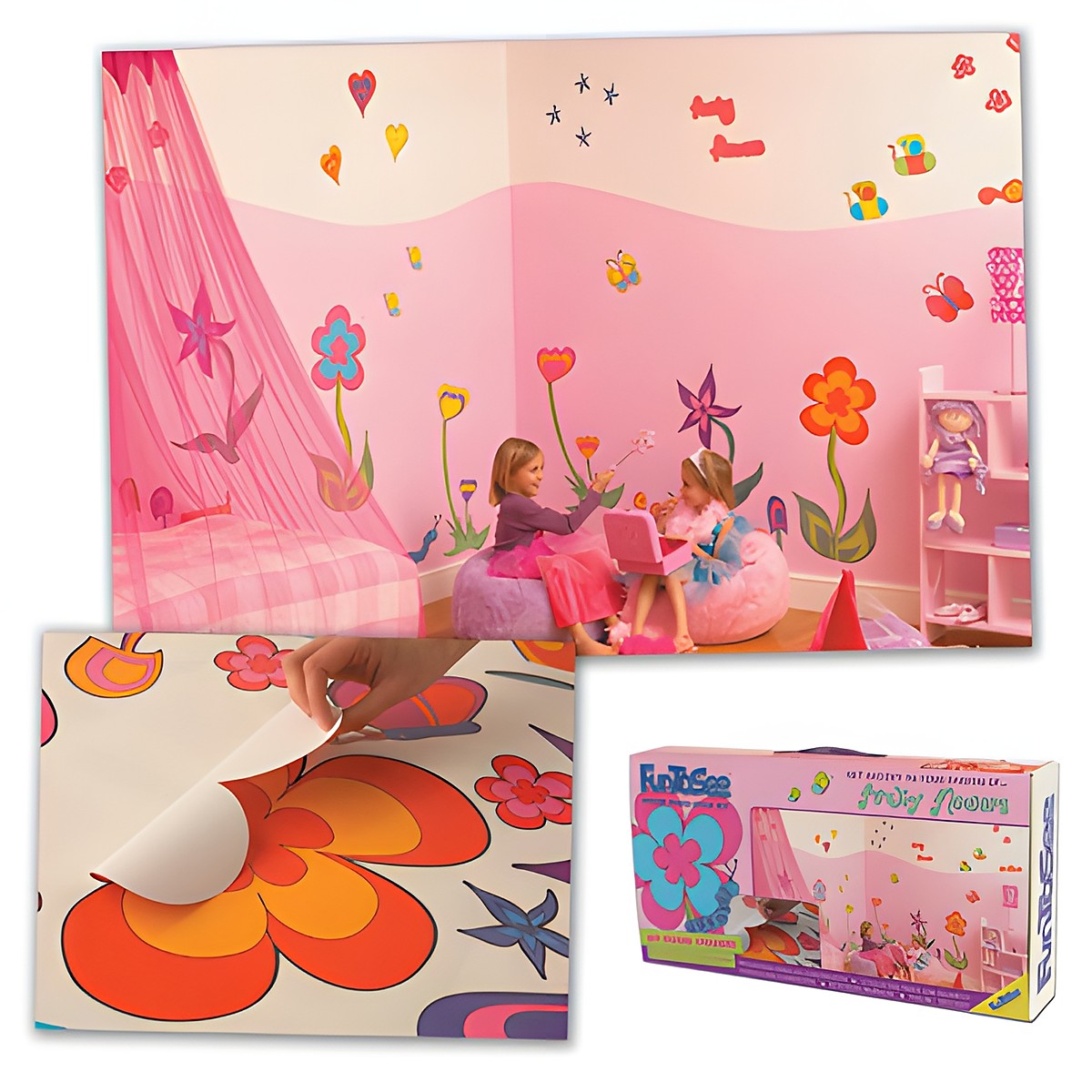 funtosee Wandsticker-Set Blumenwelt, Kinderzimmer mit rosa Wänden, bunten Blumen-Wandtattoos, Sitzsäcken und Verpackung