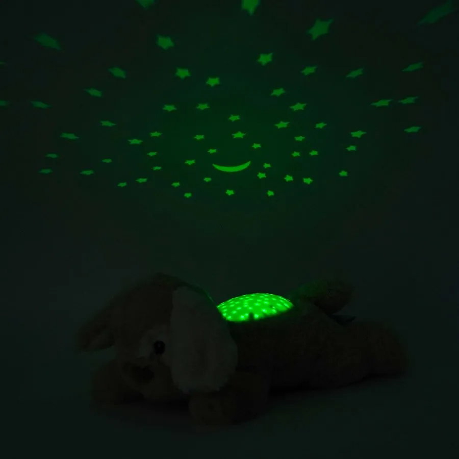 Cloud b sleep aid Dream Buddies dog, night-time shot showing green star projection on the ceiling