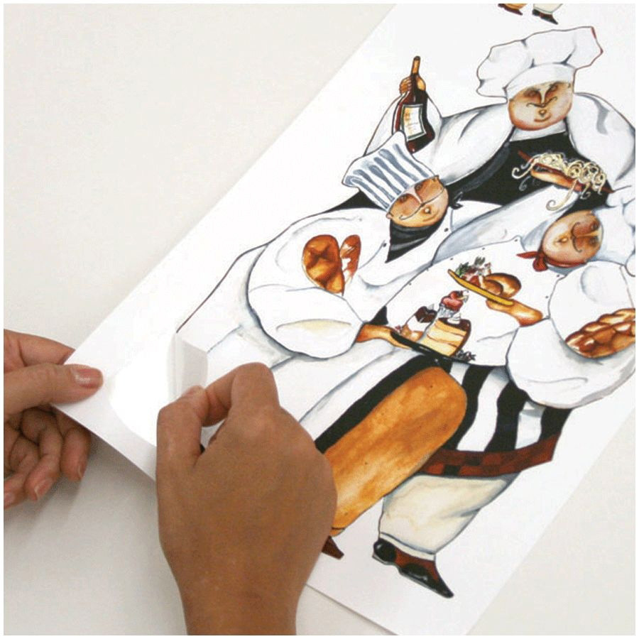 RoomMates wall decal Chefs Peel & Stick, hands peeling a chef motif off the backing sheet, usage example