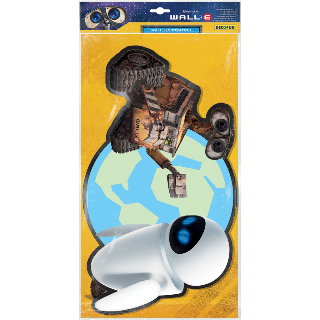 decofun wall decoration Wall-E in packaging, 1-piece set, Wall-E and Eve in front of a globe motif on a yellow background