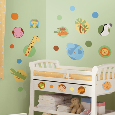RoomMates wall decal Jungle Animal Polka Dot, jungle animals in colourful dot circles such as monkey, frog, giraffe and elephant on a green children's room wall above a changing table