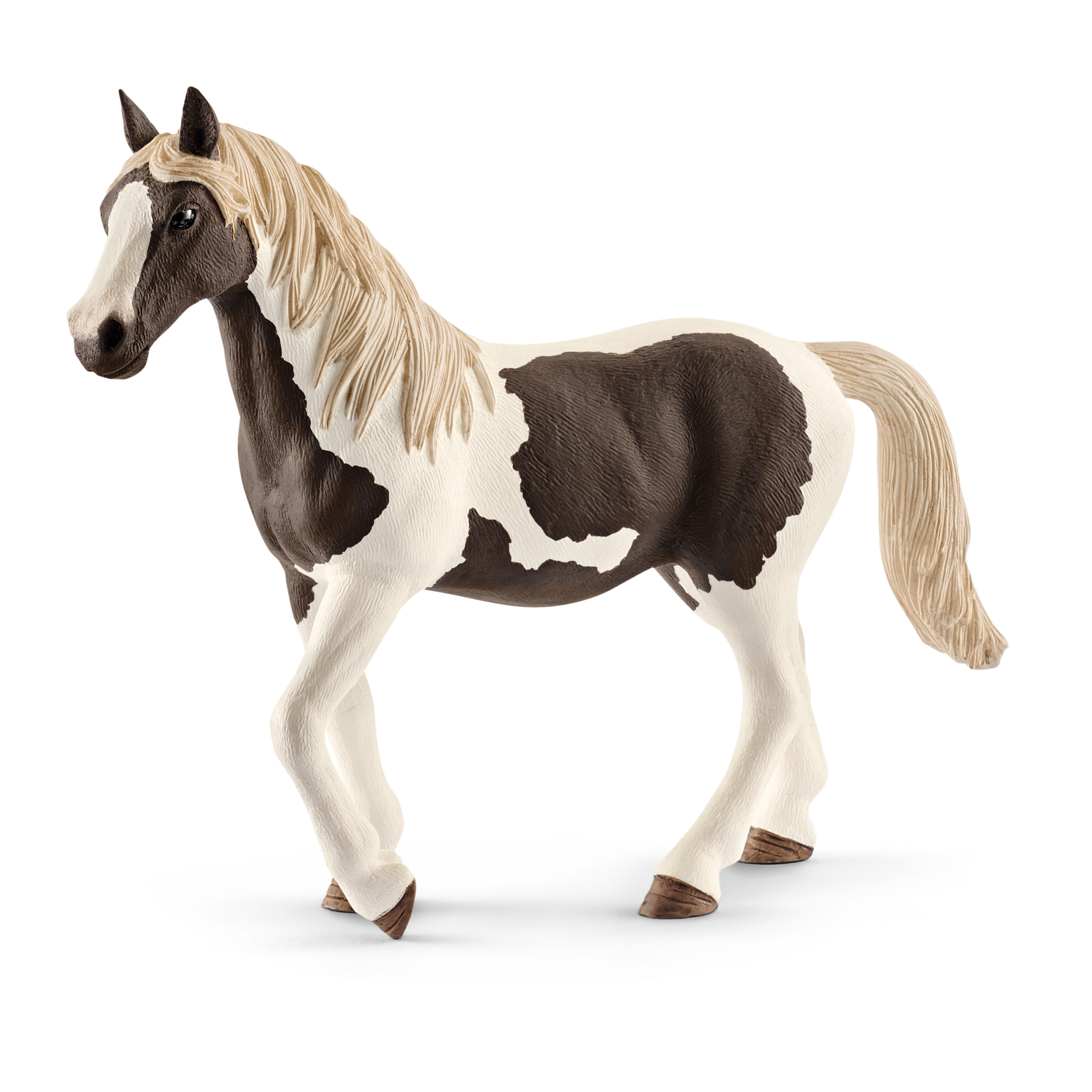 Schleich Farm World Pinto mare, toy figure with dark brown and white piebald coat and a light-coloured mane, walking