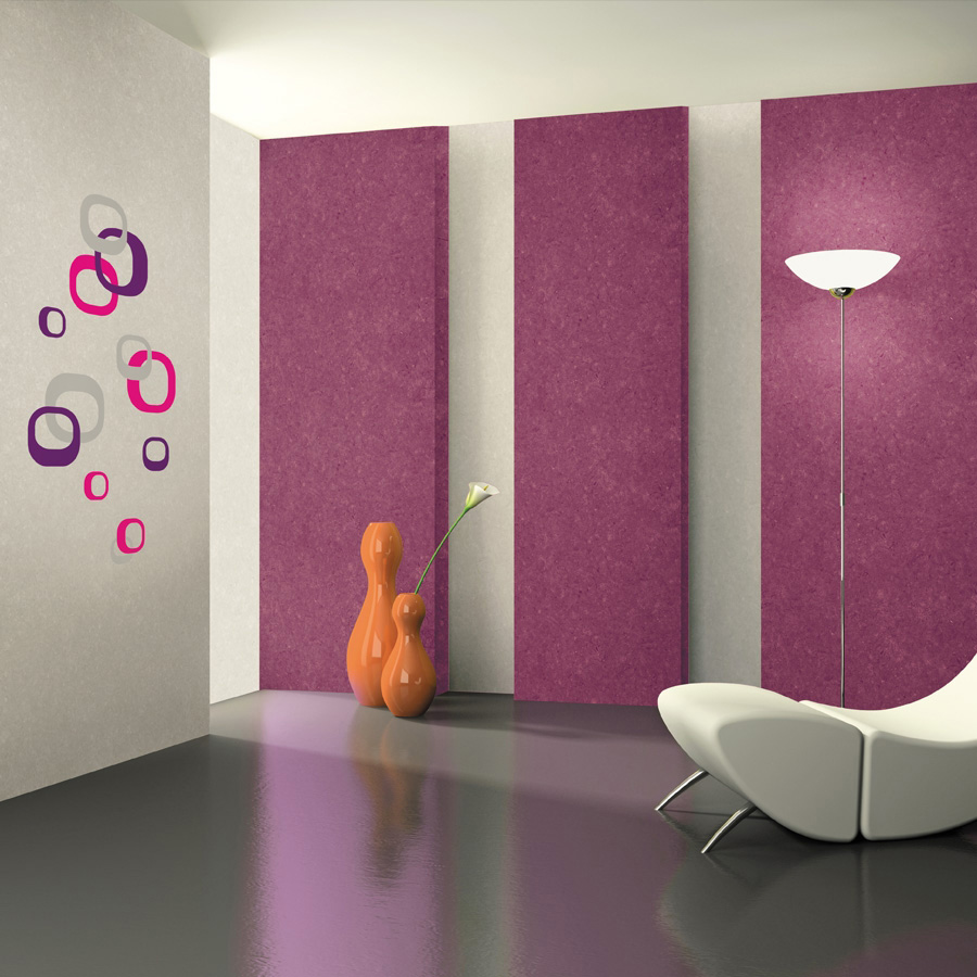 RoomMates wall decal Modern Ovals, pink, purple and grey oval rings on a grey wall next to pink plinths
