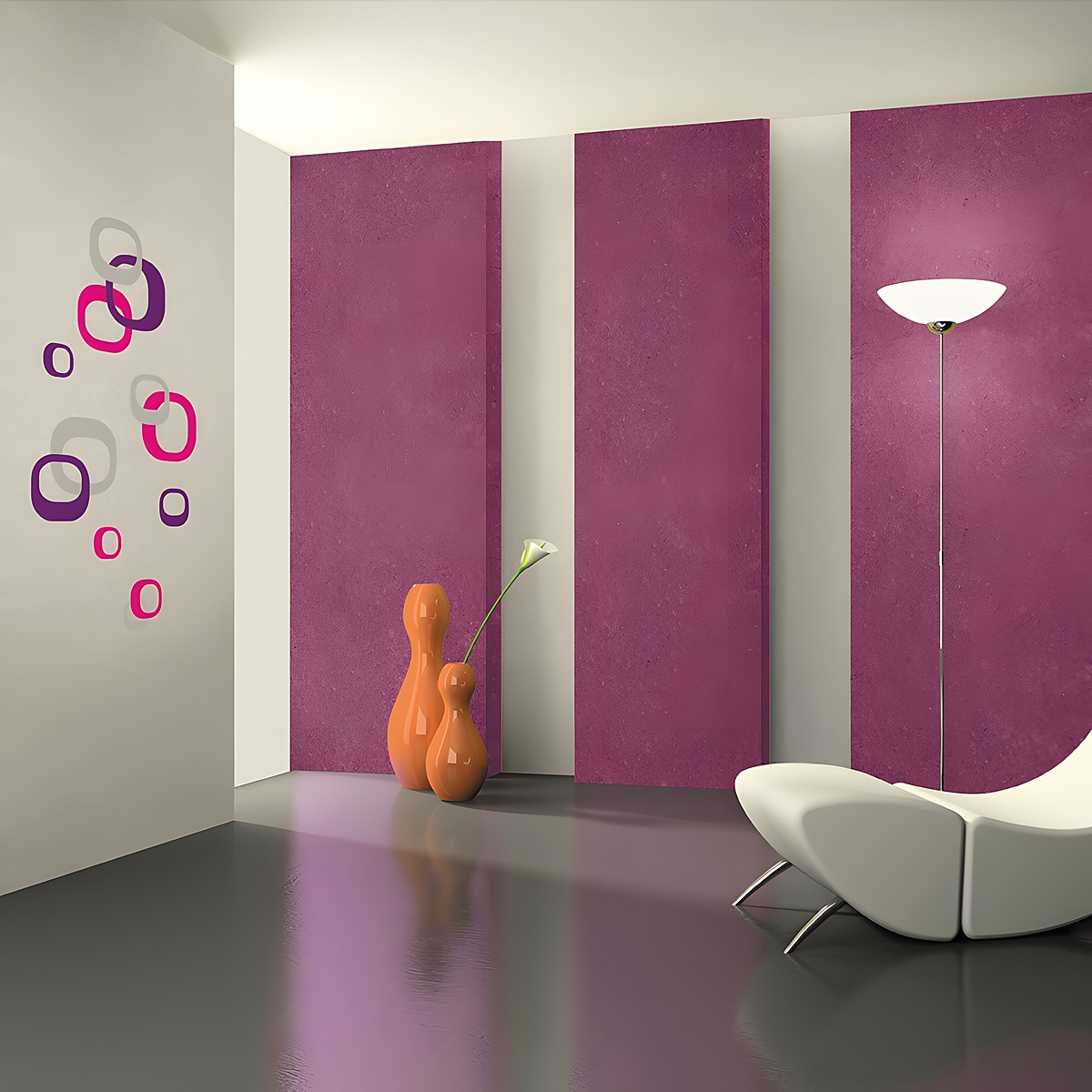 RoomMates Wandbild Modern Ovals, pinke, lila und graue Ovalringe an einer grauen Wand neben pinken Sockeln