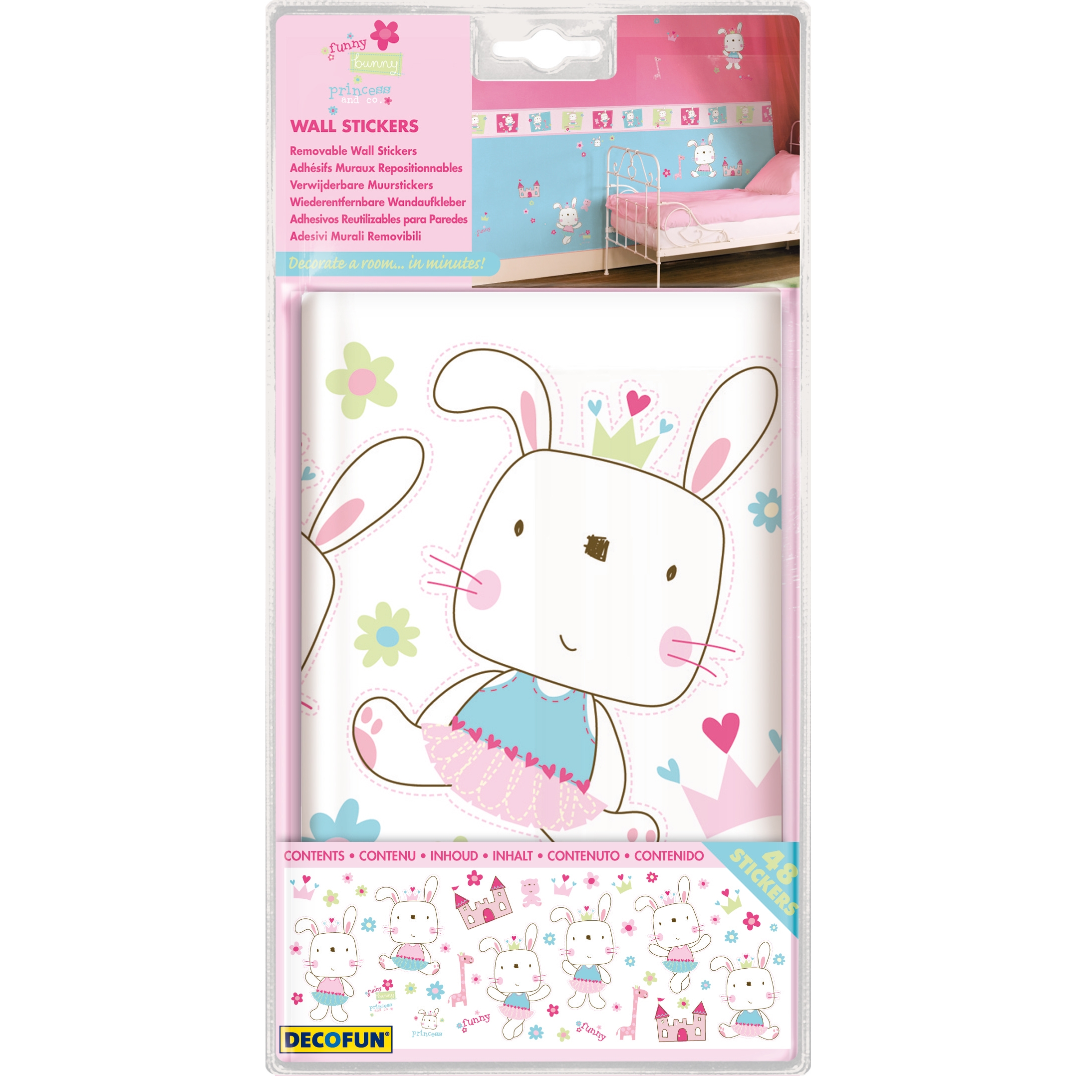 decofun wall decal Funny Bunny packaging, dancing bunny in focus, bedroom photo above, blister card