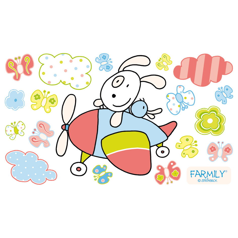 Dinico sticker set Farmily, rabbit in a red-and-blue propeller plane, plus clouds, flowers and butterflies