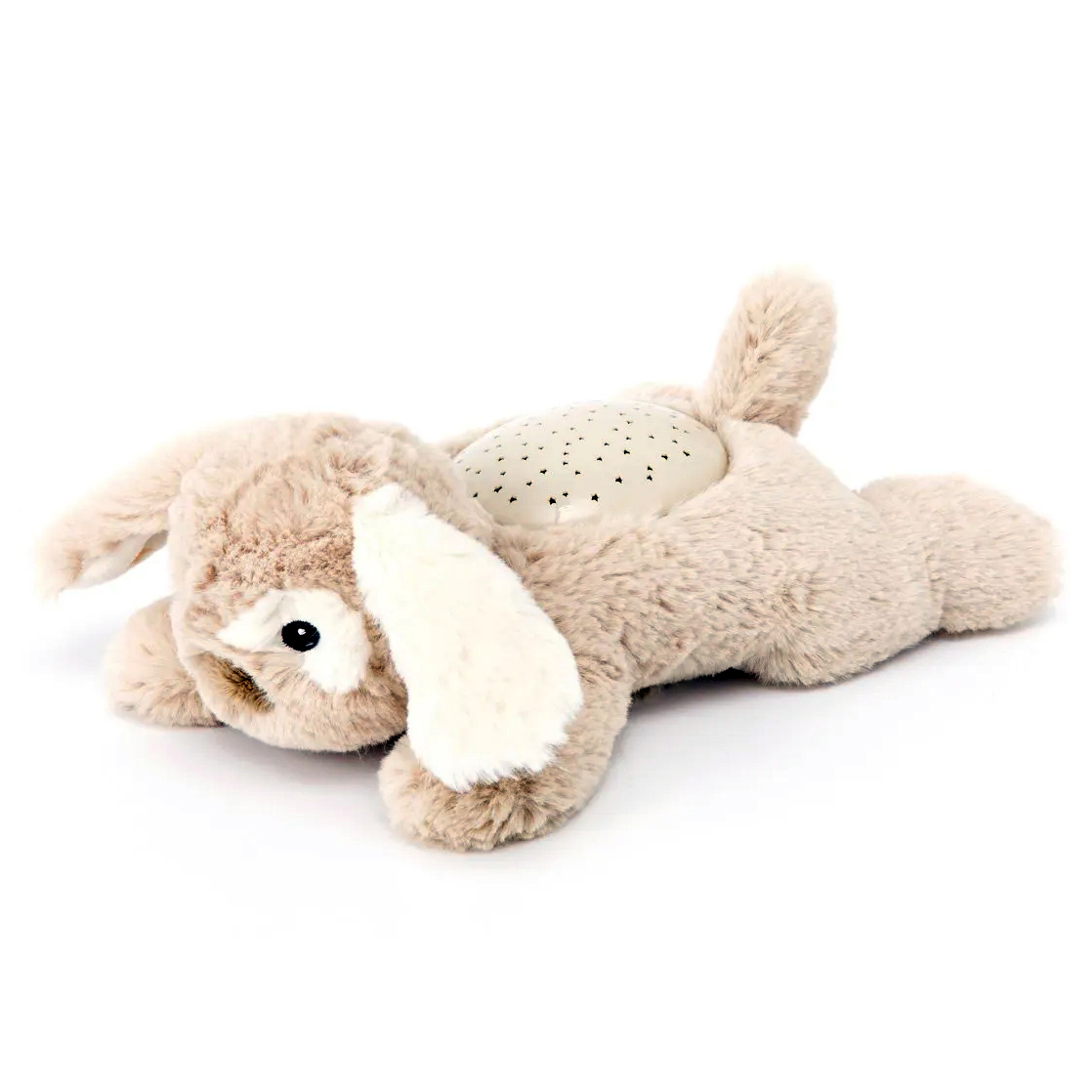 Cloud b sleep aid Dream Buddies dog, beige plush toy lying down with LED star projector on back, side view
