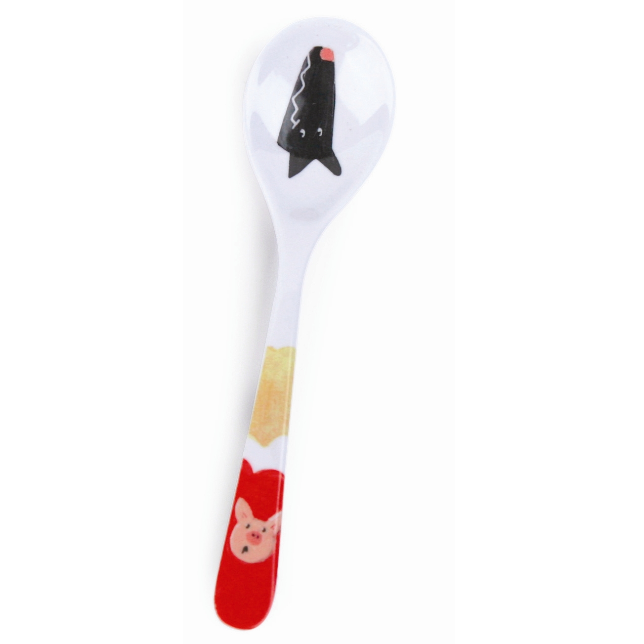 Egmont Toys weaning spoon Three Little Pigs, white spoon with black wolf silhouette, gold and red handle with pig motif