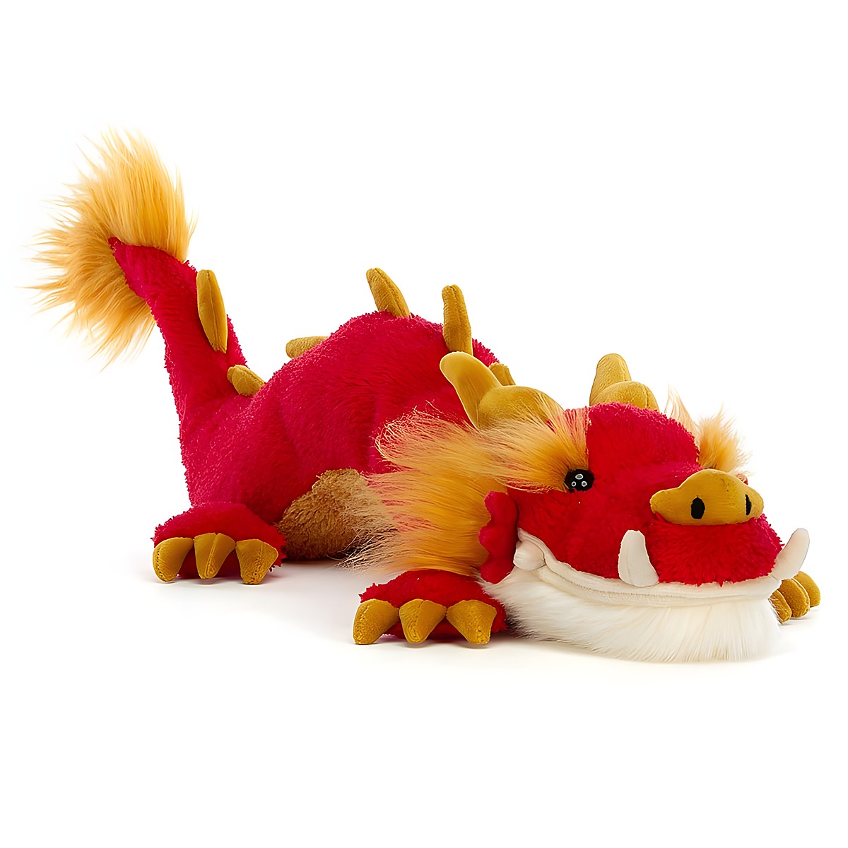 Jellycat Kuscheltier Festival Dragon, rotes liegendes Plüschtier mit goldenen Stacheln und langem Schwanz, Dreiviertelansicht