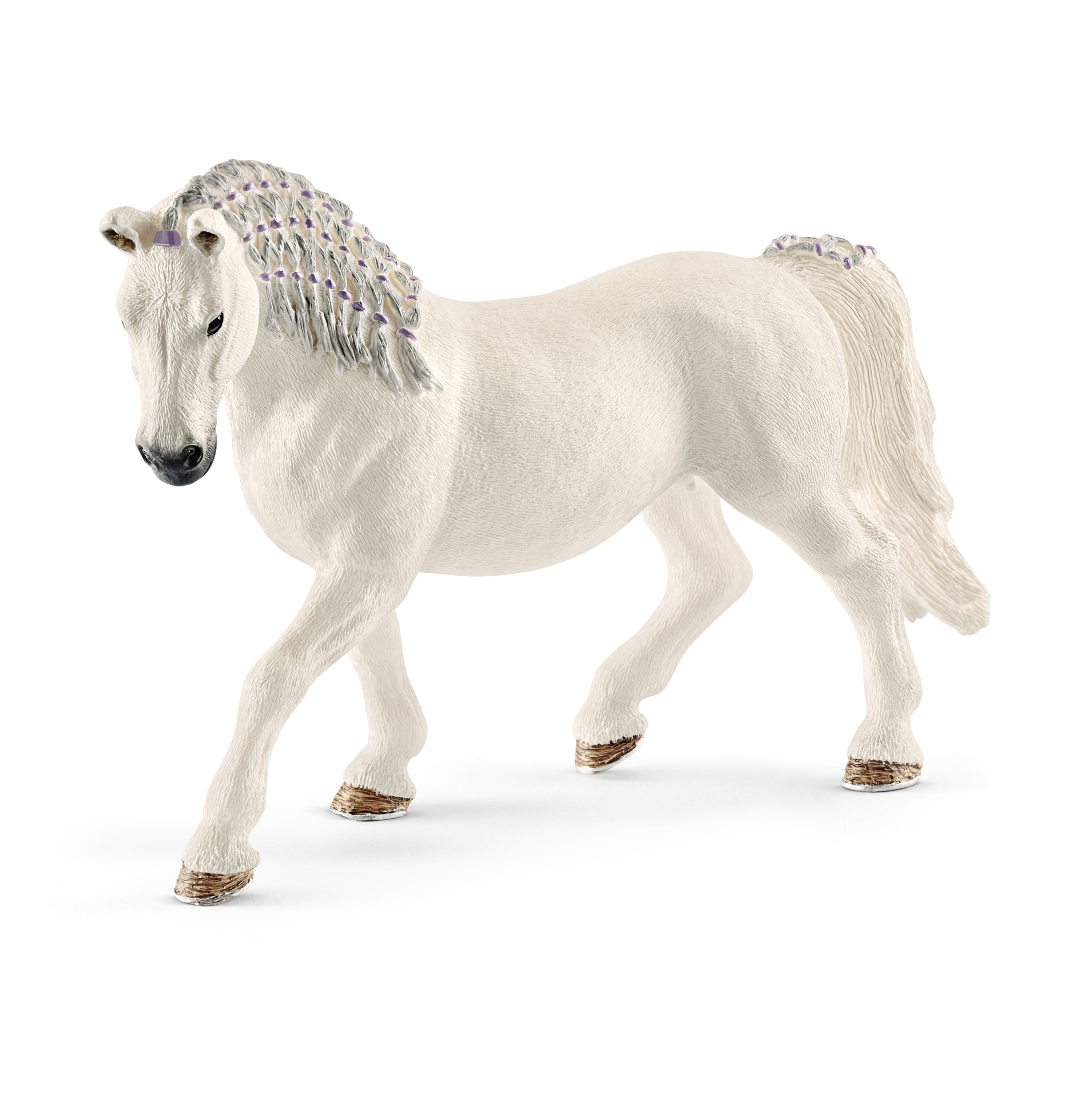 Schleich Horse Club Lipizzaner mare, toy figure with white coat and a sparkling braided mane, walking