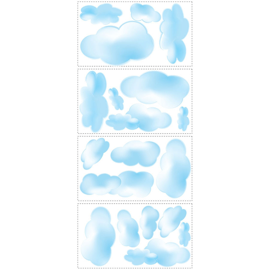 RoomMates wall decal Clouds, four decal sheets with light blue cloud motifs on a white background