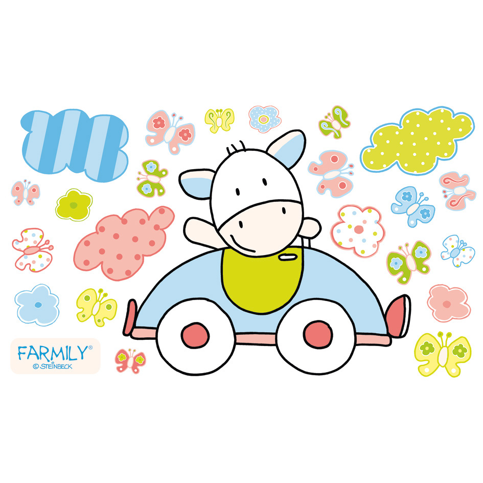 Dinico sticker set Farmily, calf figure in a light blue toy car, surrounded by clouds, flowers and butterflies