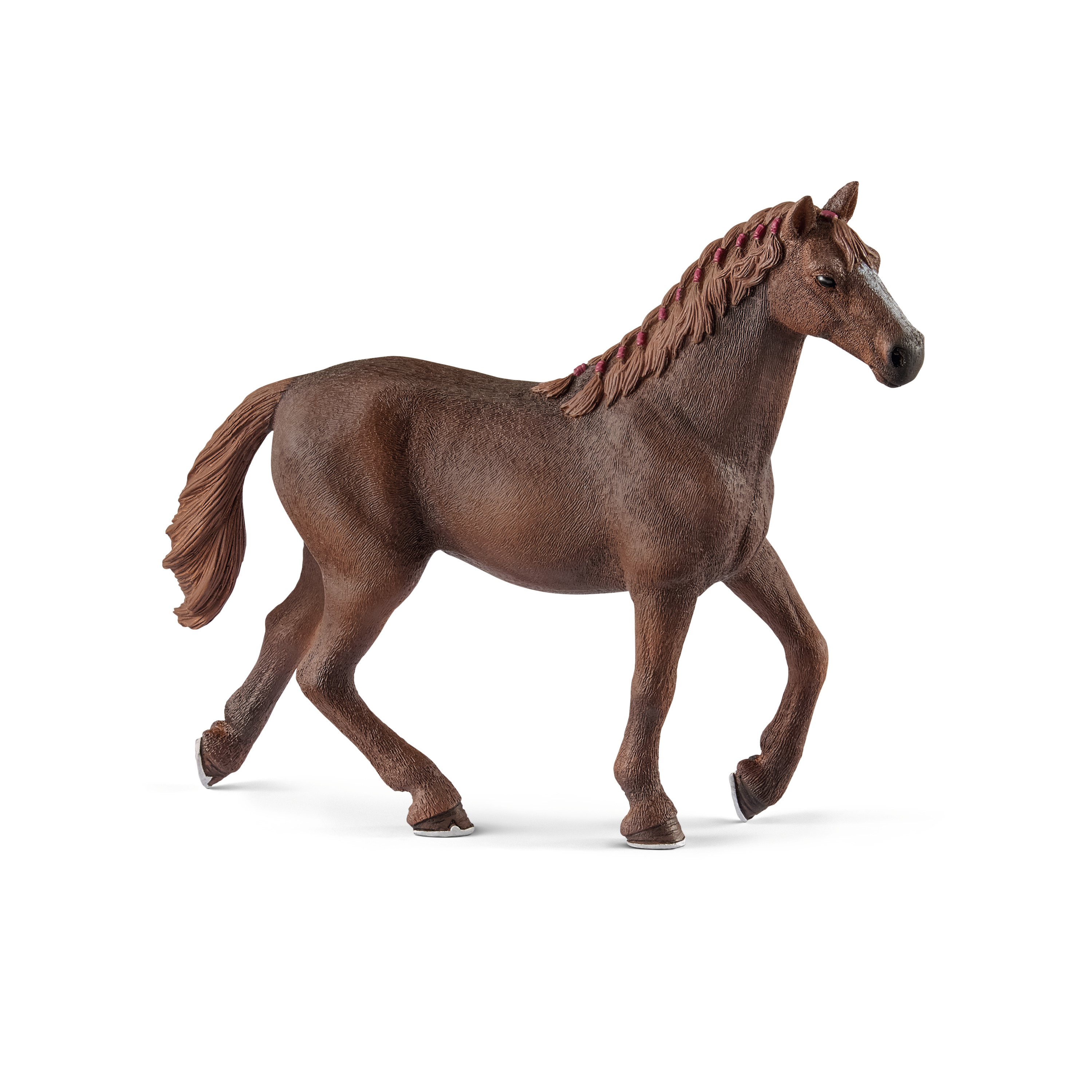 Schleich Horse Club English Thoroughbred mare, toy figure with chestnut coat and a light-coloured mane, walking