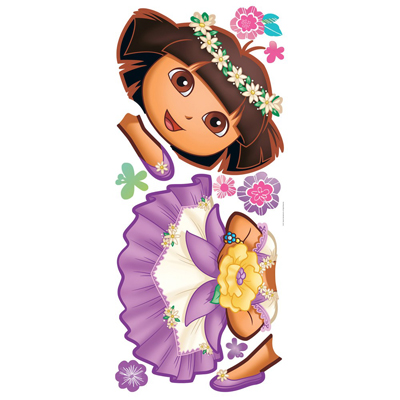 RoomMates wall decal Dora's Enchanted Forest, decal sheet with the Dora character, flowers and butterfly motifs on a white background