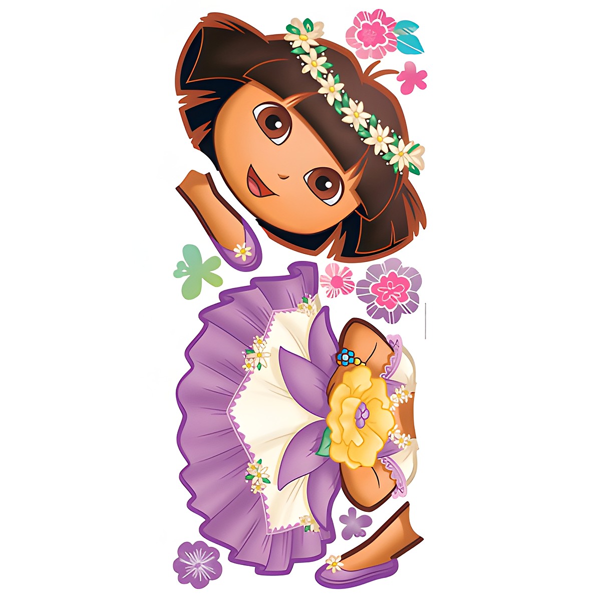 RoomMates Wandbild Dora's verzauberter Wald, Klebebogen mit Dora-Figur, Blüten und Schmetterlings-Motiven auf weißem Untergrund