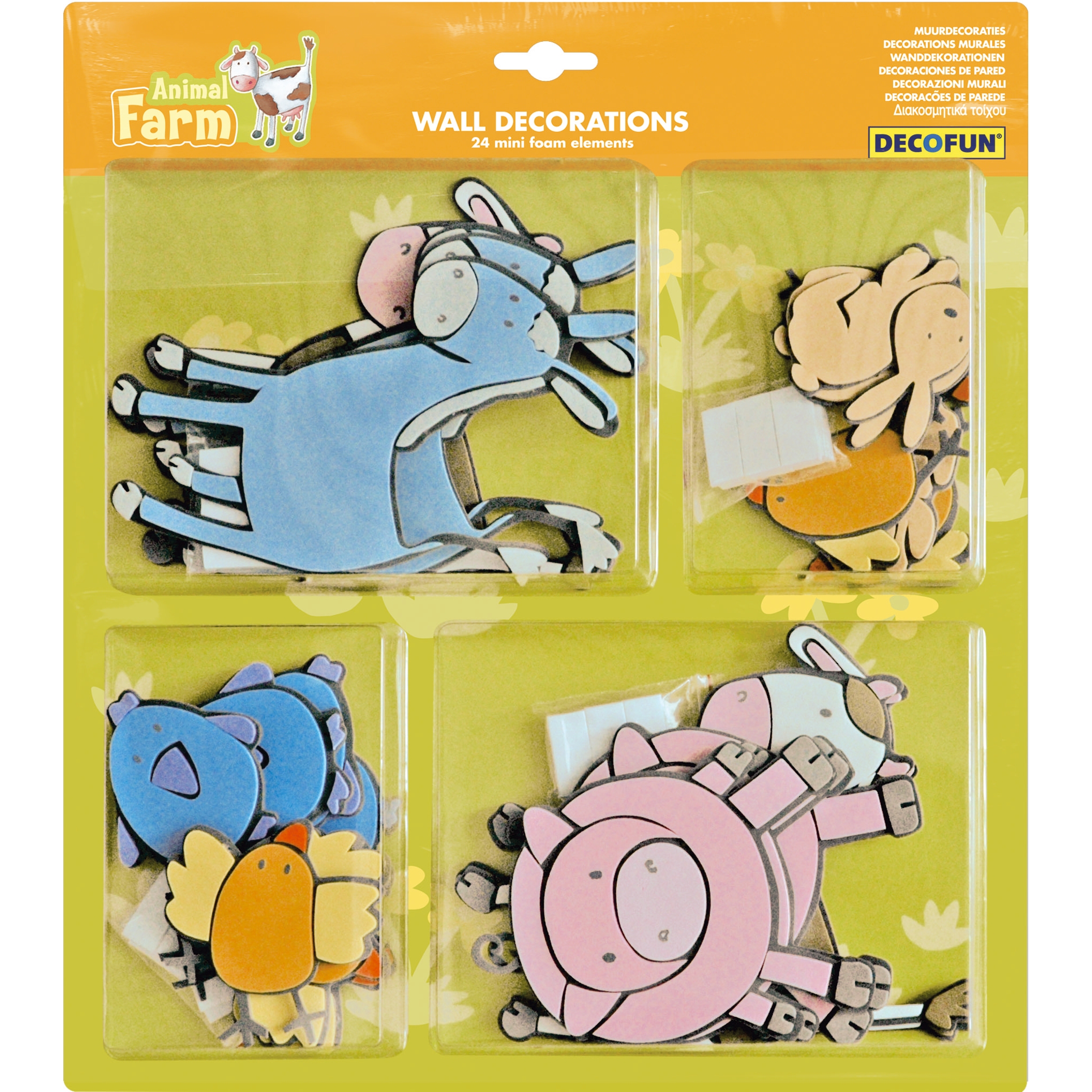 decofun mini wall decoration Animal Farm packaging, 24 mini foam elements with donkey, cow and pig on a blister card